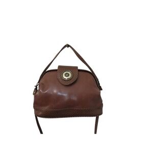 Vintage Brown Faux Leather Dome Satchel Bag Top Snap Closure Crossbody Handbag